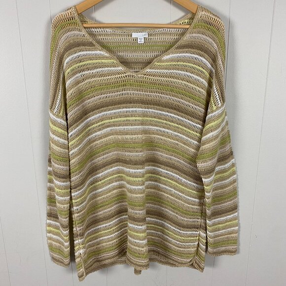 J Jill Linen Modal Crochet Knit Top Tunic Sweater Womens 1X Plus Size V Neck - Picture 1 of 11